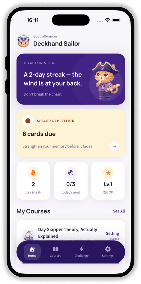 SailQuiz home screen with Captain's Log and review due