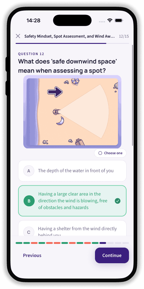 SailQuiz quiz screen showing an illustrated sailing question with the correct answer highlighted