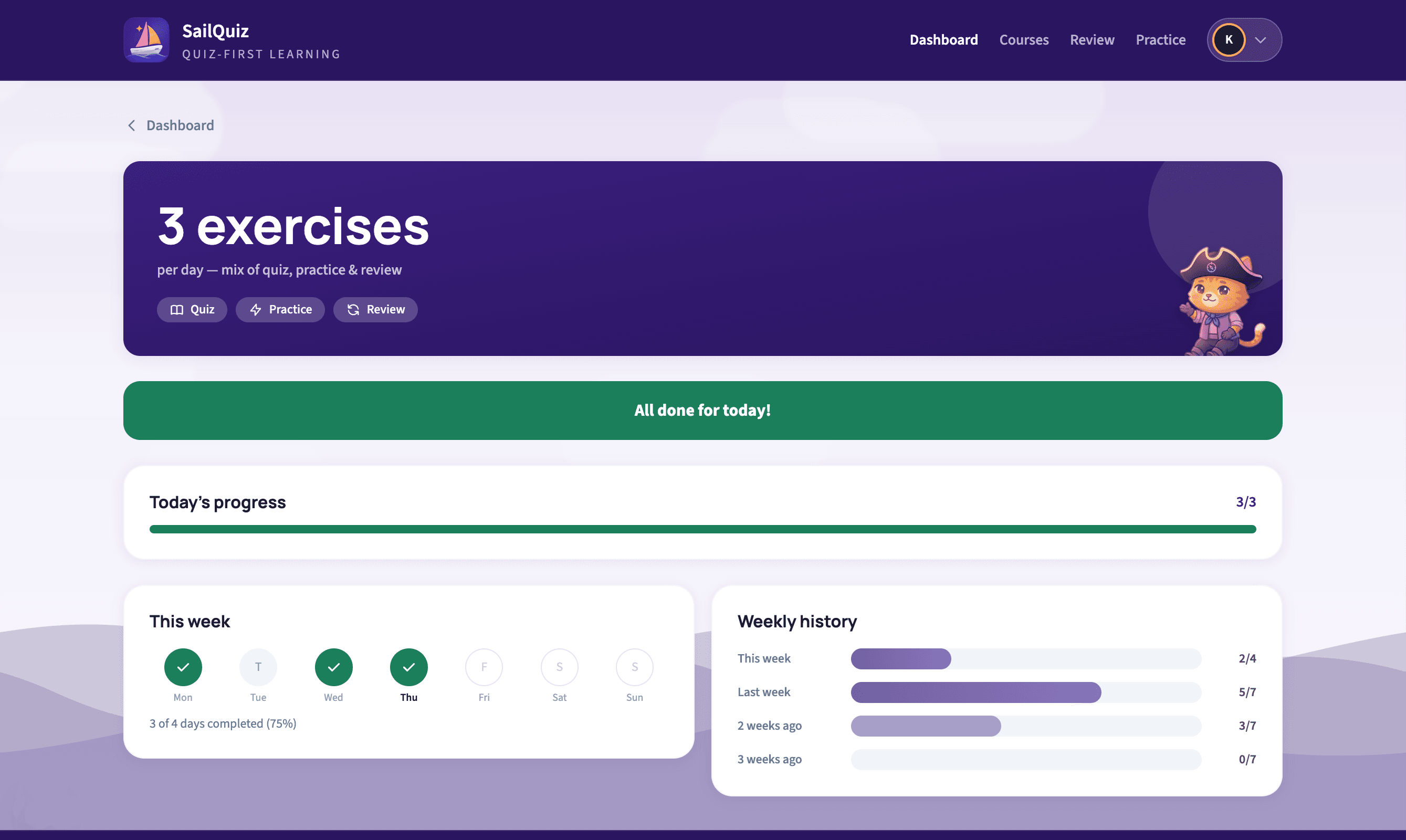 SailQuiz daily goals view with progress towards today's study target