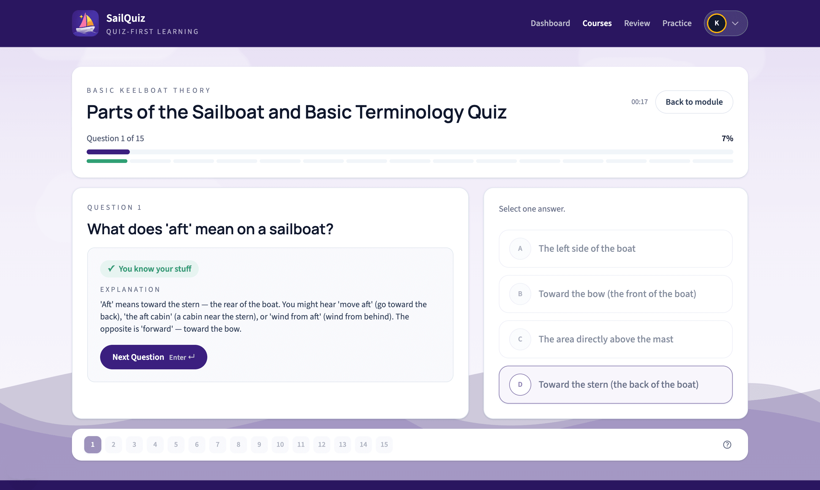 SailQuiz quiz screen showing a question with the correct answer revealed and an explanation
