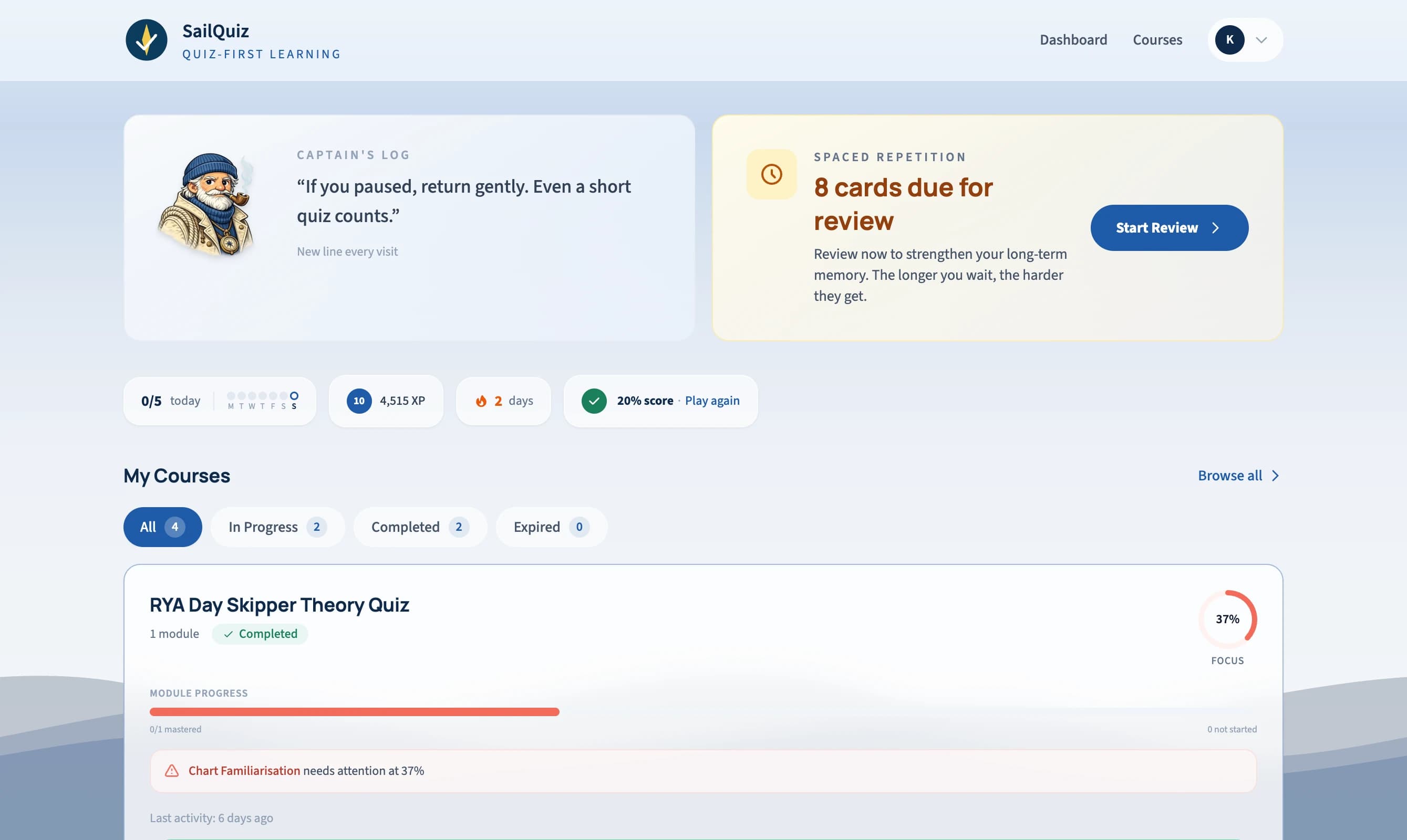 SailQuiz dashboard showing course progress, review cards, and daily goals