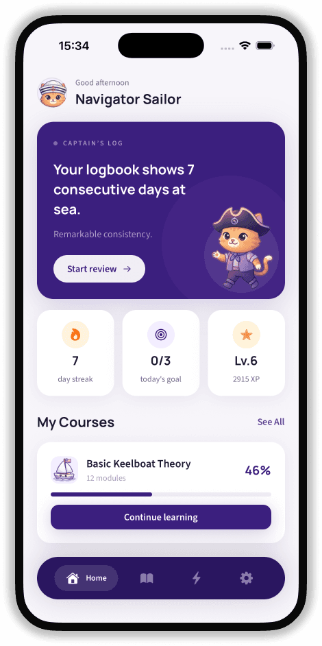 SailQuiz iOS app home screen showing Captain's Log, daily streak, and course progress