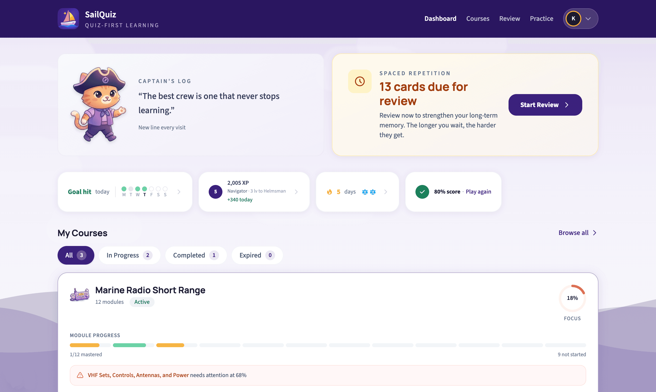 SailQuiz dashboard showing course progress, review cards, and daily goals